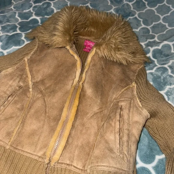 Girls Brown Faux Fur Trim Jacket - Picture 2 of 5